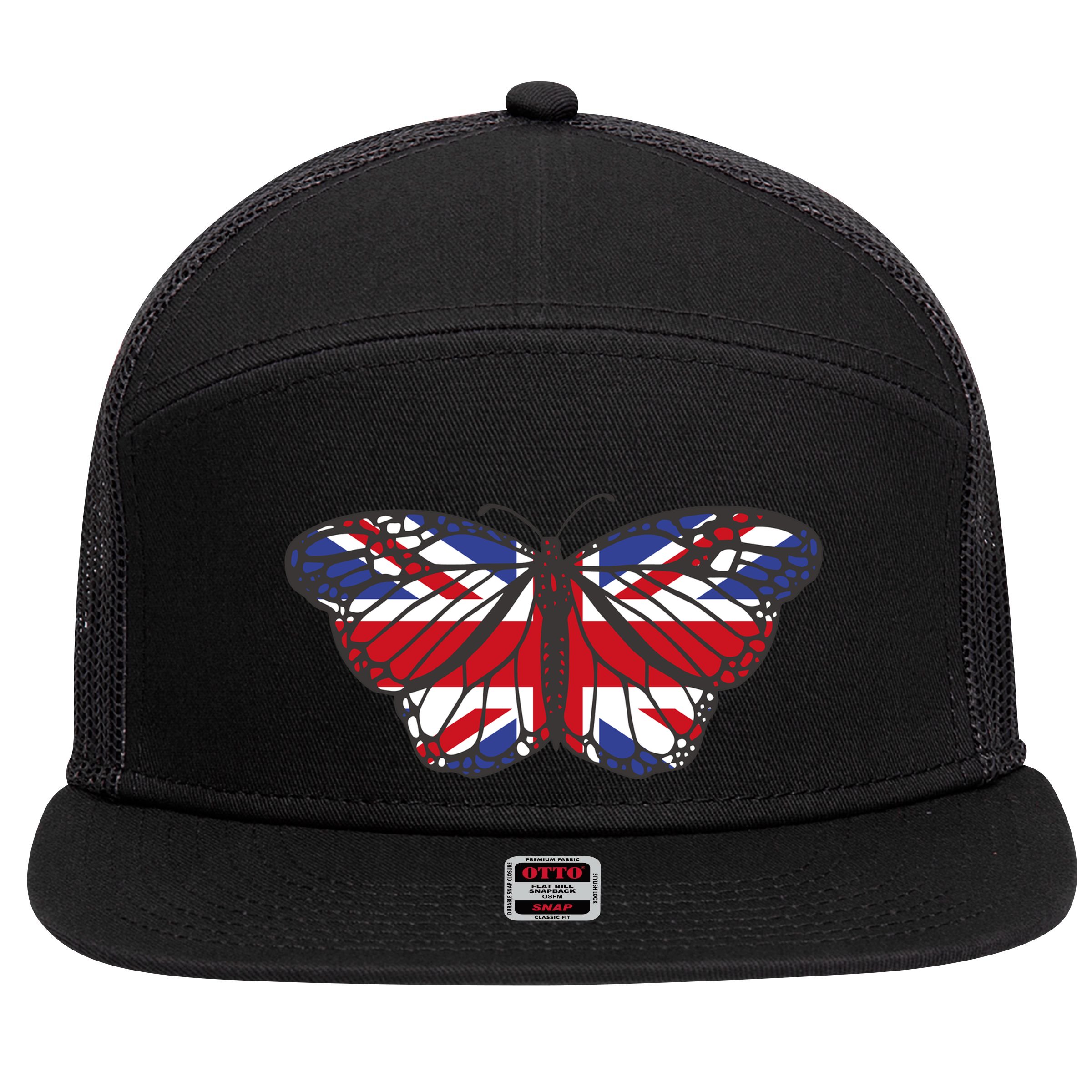 United Kingdom Flag Butterfly 7 Panel Mesh Trucker Snapback Hat