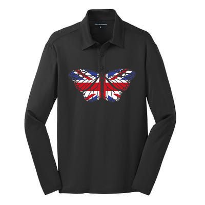 United Kingdom Flag Butterfly Silk Touch Performance Long Sleeve Polo