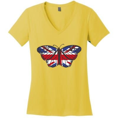 United Kingdom Flag Butterfly Women's V-Neck T-Shirt