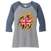 United Kingdom Flame Flag Women's Tri-Blend 3/4-Sleeve Raglan Shirt