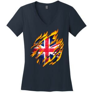 United Kingdom Flame Flag Women's V-Neck T-Shirt