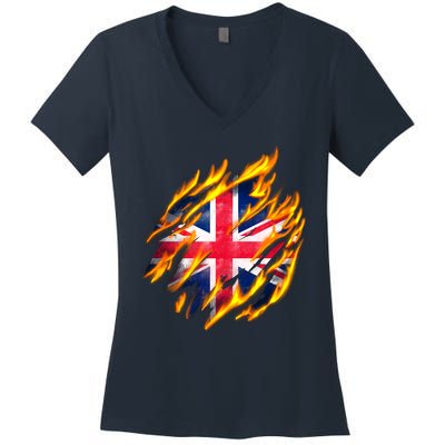 United Kingdom Flame Flag Women's V-Neck T-Shirt