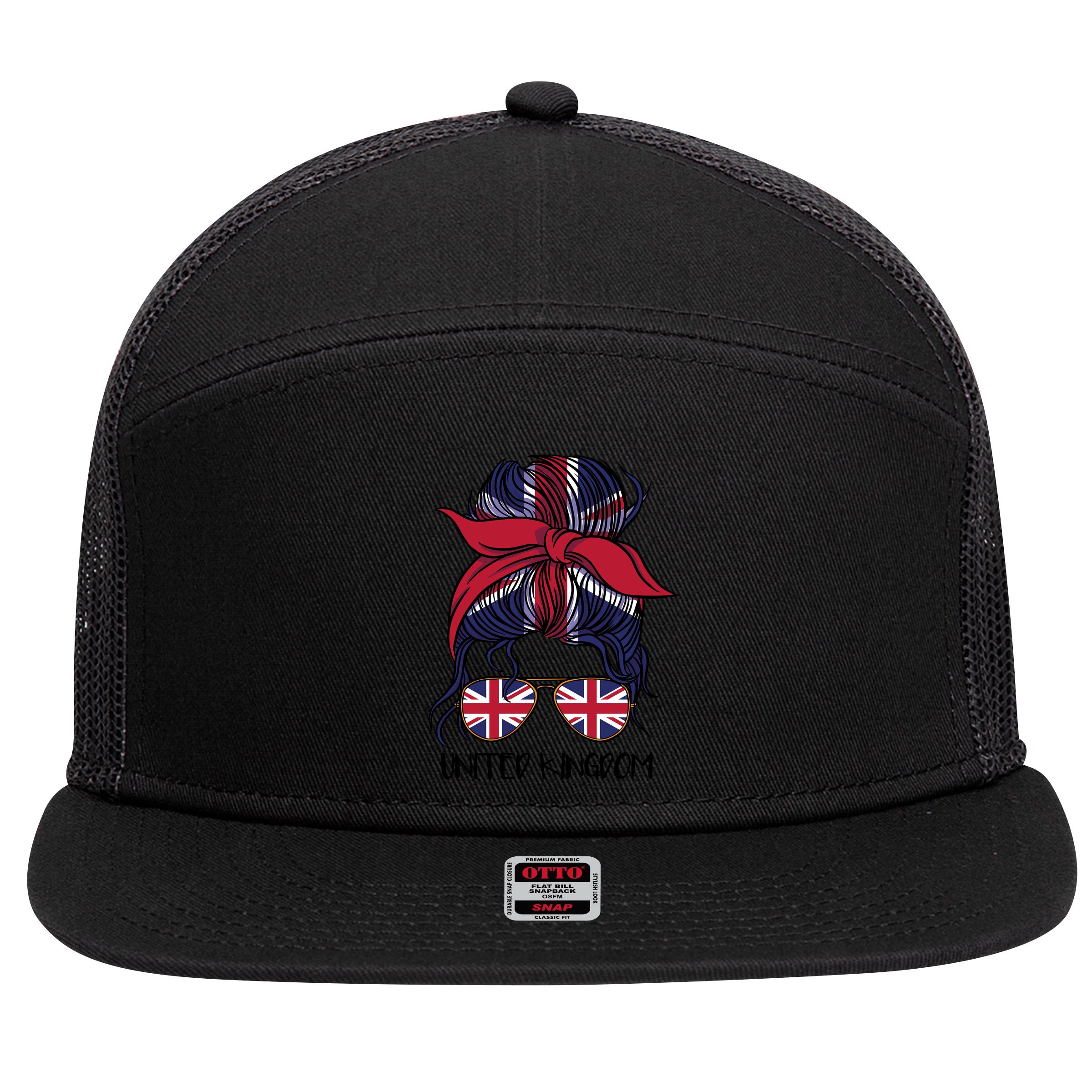 United Kingdom Flag Messy Girl Bun 7 Panel Mesh Trucker Snapback Hat