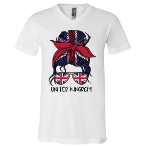 United Kingdom Flag Messy Girl Bun V-Neck T-Shirt