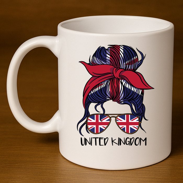 United Kingdom Flag Messy Girl Bun 11oz C Handle Ceramic Mug