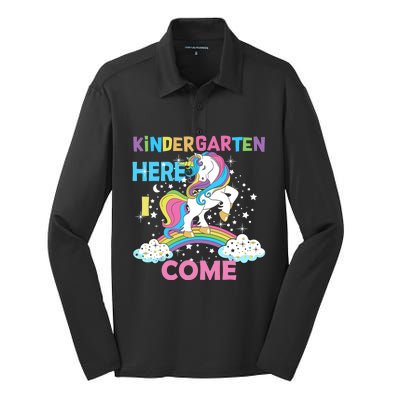 Unicorn Kindergarten Here I Come School Kindergarten Girl Silk Touch Performance Long Sleeve Polo