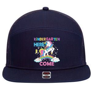 Unicorn Kindergarten Here I Come School Kindergarten Girl 7 Panel Mesh Trucker Snapback Hat