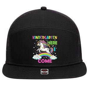 Unicorn Kindergarten Here I Come School Kindergarten Girl 7 Panel Mesh Trucker Snapback Hat