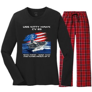 USS Kitty Hawk CV 63 Aircraft Carrier Veteran USA Flag Xmas Women's Long Sleeve Flannel Pajama Set 