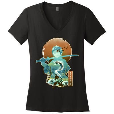 Ukiyo Breath Of Water Samurai Women's V-Neck T-Shirt