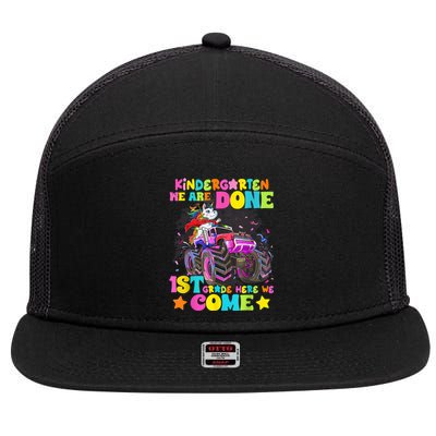 Unicorn Kindergarten We Are Done 1st Grade Here We Come 7 Panel Mesh Trucker Snapback Hat