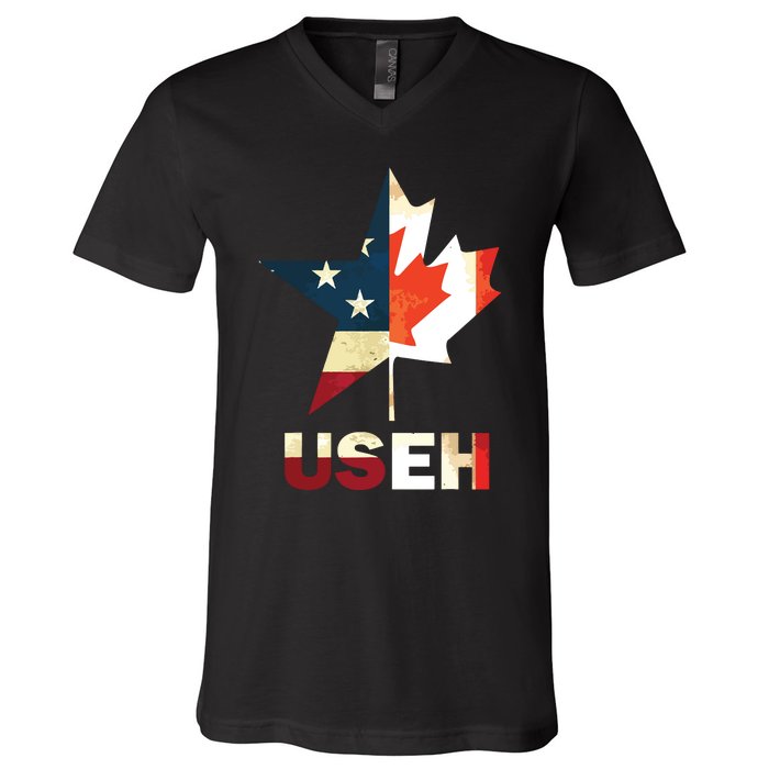 USEH Leaf Canadian American Flag Shirts Canada USA Flag Gift V-Neck T-Shirt