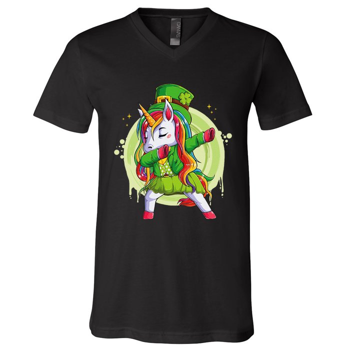 Unicorn Leprechaun Hat Costume Dabbing Dance V-Neck T-Shirt