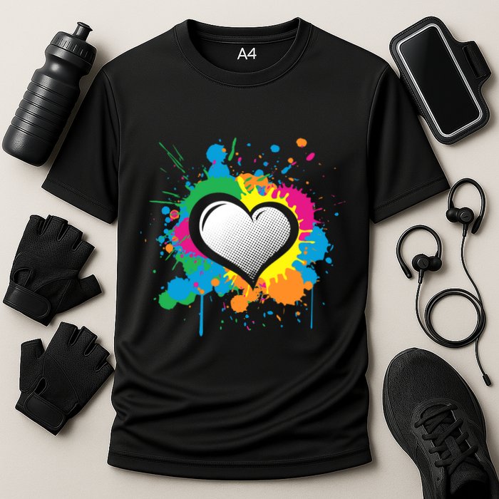Unique Love Heart Multi Color Paint Splash Splatter Performance Shirt