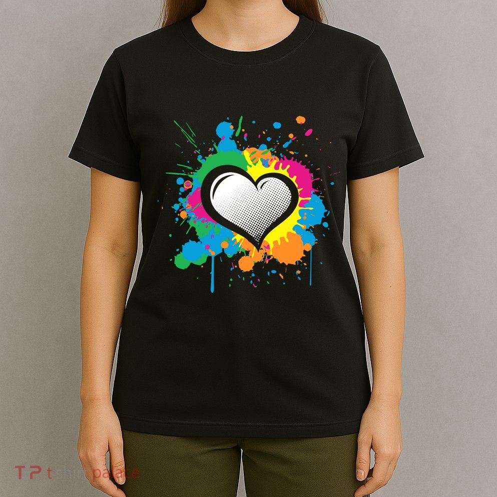 Unique Love Heart Multi Color Paint Splash Splatter T-Shirt