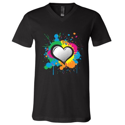 Unique Love Heart Multi Color Paint Splash Splatter V-Neck T-Shirt