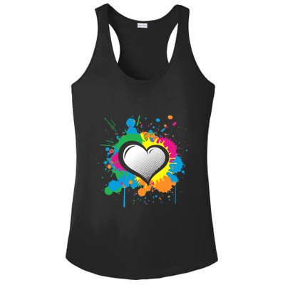 Unique Love Heart Multi Color Paint Splash Splatter Ladies PosiCharge Competitor Racerback Tank