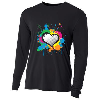 Unique Love Heart Multi Color Paint Splash Splatter Cooling Performance Long Sleeve Crew