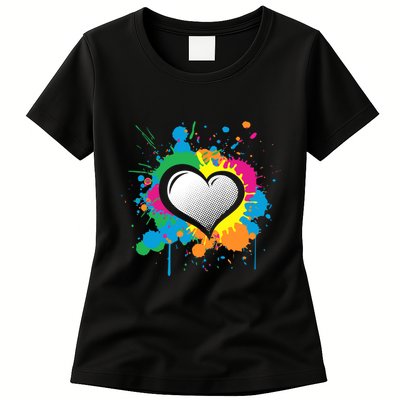 Unique Love Heart Multi Color Paint Splash Splatter Womens T-Shirt