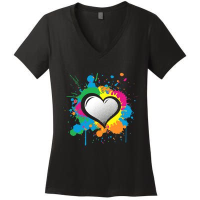 Unique Love Heart Multi Color Paint Splash Splatter Women's V-Neck T-Shirt
