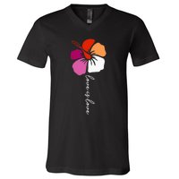 Unique Lesbian Pride Flag Colors Hibiscus LGBT Lesbian V-Neck T-Shirt