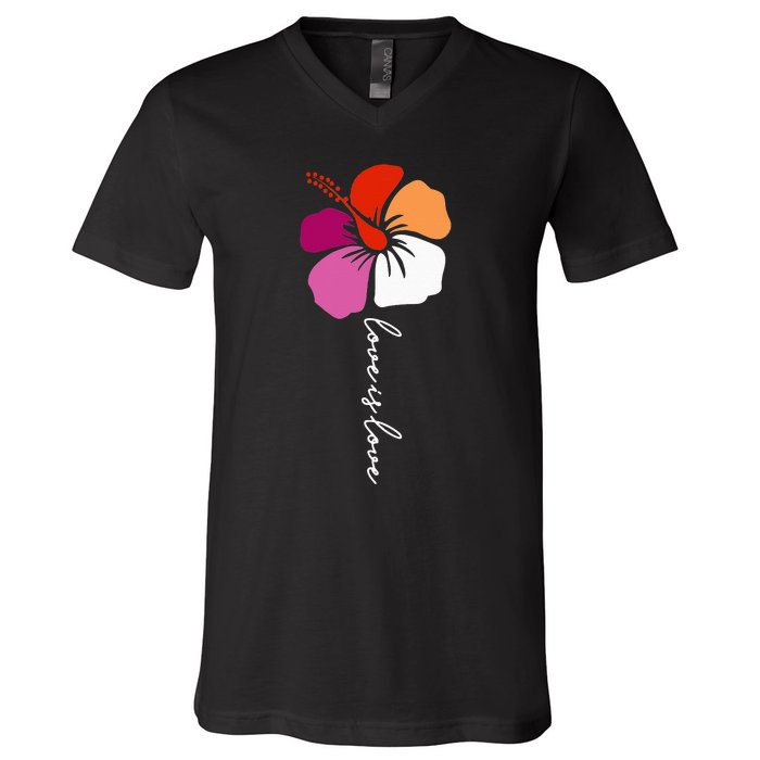 Unique Lesbian Pride Flag Colors Hibiscus LGBT Lesbian V-Neck T-Shirt