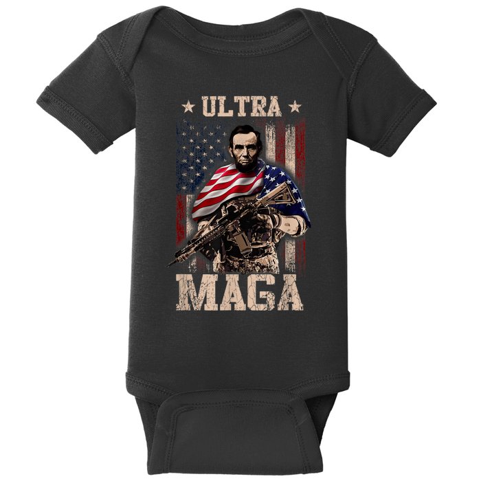 Ultra Maga 4th Of July Abraham Lincoln Gun 2nd Amendment Baby Bodysuit