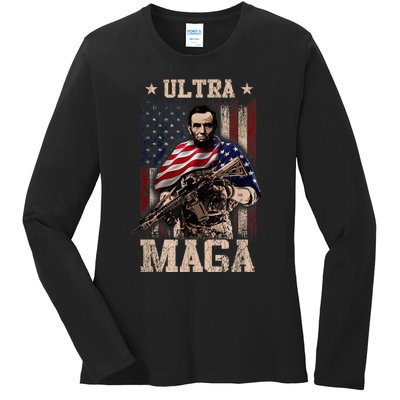 Ultra Maga 4th Of July Abraham Lincoln Gun 2nd Amendment Ladies Long Sleeve Shirt