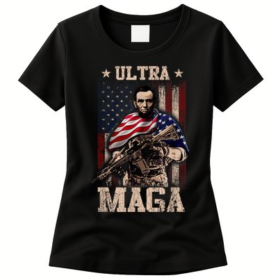 Ultra Maga 4th Of July Abraham Lincoln Gun 2nd Amendment Womens T-Shirt