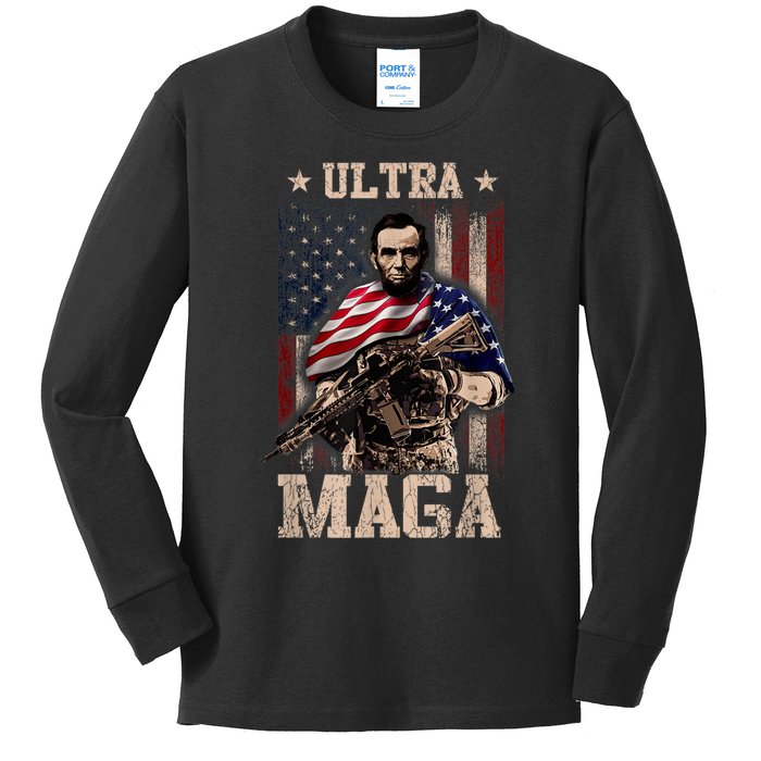 Ultra Maga 4th Of July Abraham Lincoln Gun 2nd Amendment Kids Long Sleeve Shirt