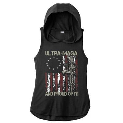 Ultra MAGA And Proud Of It Gun USA Flag Patriots Ladies PosiCharge Tri-Blend Wicking Draft Hoodie Tank