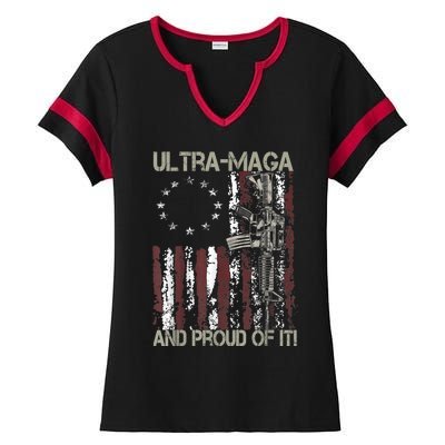 Ultra MAGA And Proud Of It Gun USA Flag Patriots Ladies Halftime Notch Neck Tee