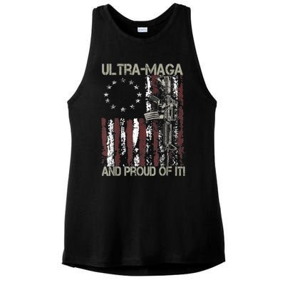 Ultra MAGA And Proud Of It Gun USA Flag Patriots Ladies PosiCharge Tri-Blend Wicking Tank