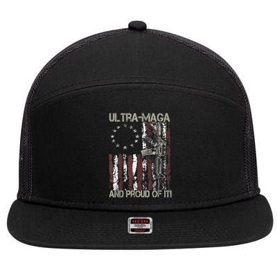 Ultra MAGA And Proud Of It Gun USA Flag Patriots 7 Panel Mesh Trucker Snapback Hat