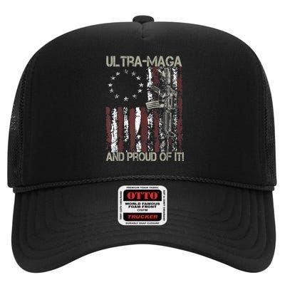 Ultra MAGA And Proud Of It Gun USA Flag Patriots High Crown Mesh Back Trucker Hat