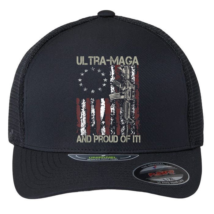 Ultra MAGA And Proud Of It Gun USA Flag Patriots Flexfit Unipanel Trucker Cap