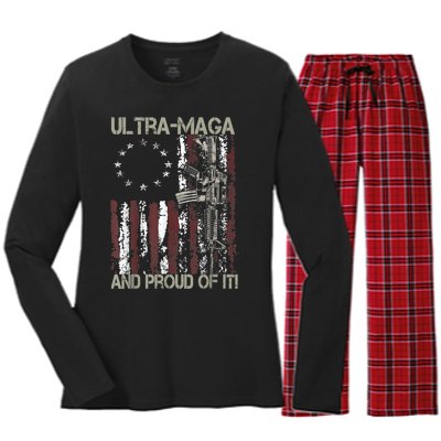 Ultra MAGA And Proud Of It Gun USA Flag Patriots Women's Long Sleeve Flannel Pajama Set 