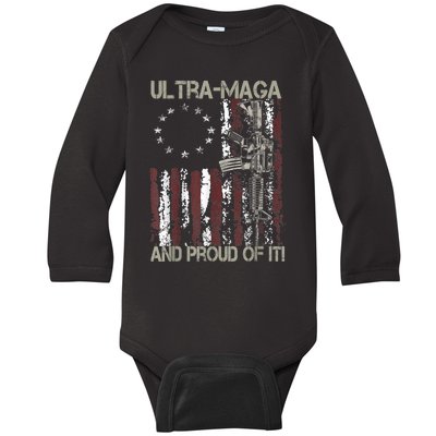 Ultra MAGA And Proud Of It Gun USA Flag Patriots Baby Long Sleeve Bodysuit