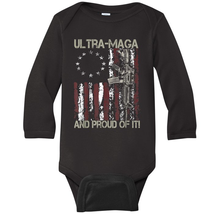 Ultra MAGA And Proud Of It Gun USA Flag Patriots Baby Long Sleeve Bodysuit