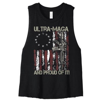 Ultra MAGA And Proud Of It Gun USA Flag Patriots Women's Racerback Cropped Tank