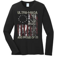 Ultra MAGA And Proud Of It Gun USA Flag Patriots Ladies Long Sleeve Shirt