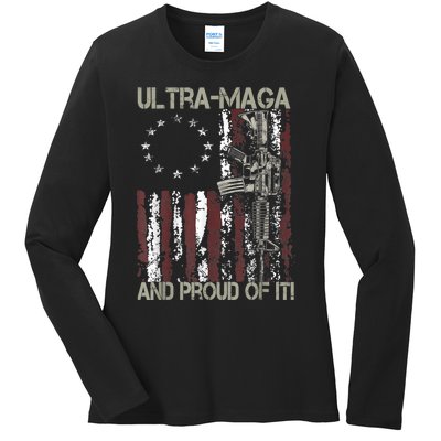 Ultra MAGA And Proud Of It Gun USA Flag Patriots Ladies Long Sleeve Shirt