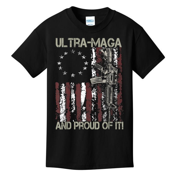 Ultra MAGA And Proud Of It Gun USA Flag Patriots Kids T-Shirt