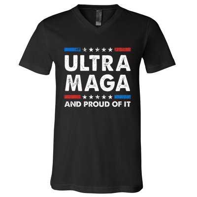 Ultra Maga And Proud Of It Anti Biden Us Flag Pro Trump V-Neck T-Shirt