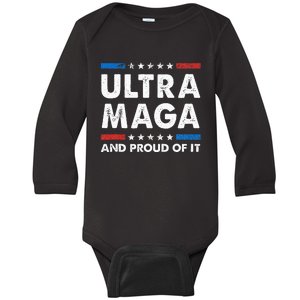 Ultra Maga And Proud Of It Anti Biden Us Flag Pro Trump Baby Long Sleeve Bodysuit