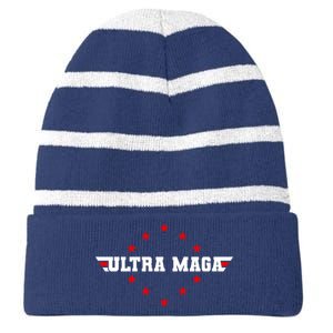 Ultra MAGA Anti Biden Parody Trump 2024 Striped Beanie with Solid Band