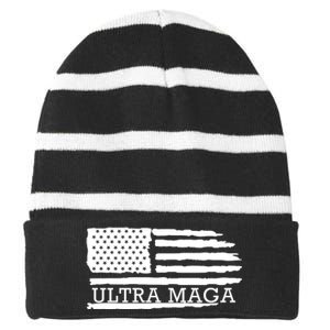 Ultra Maga American Flag Graphic Striped Beanie with Solid Band