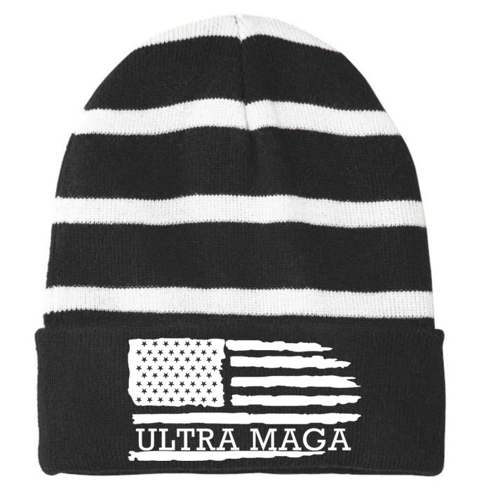 Ultra Maga American Flag Graphic Striped Beanie with Solid Band