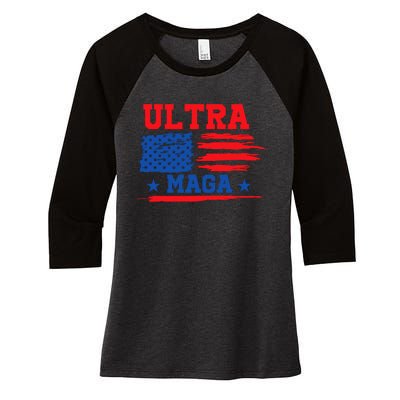 Ultra Maga American Flag Graphic Women's Tri-Blend 3/4-Sleeve Raglan Shirt