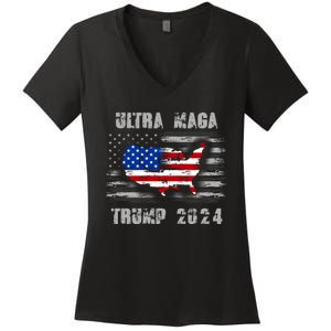 Ultra MAGA Betsy USA Flag Trump 2024 Anti Biden Women's V-Neck T-Shirt